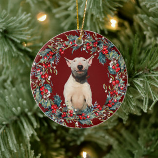 Bull Terrier Puppy 1st Christmas  Xmas wreath red Ceramic Tree Decoration
