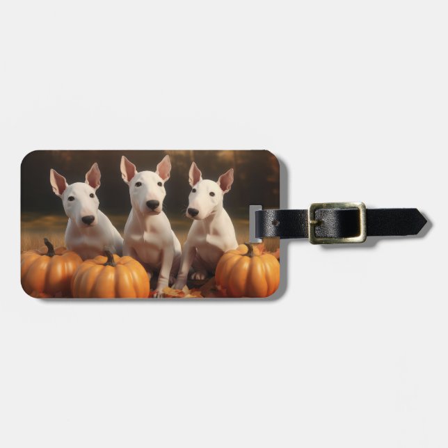 Bull Terrier Puppy Autumn Delight Pumpkin Luggage Tag (Front Horizontal)
