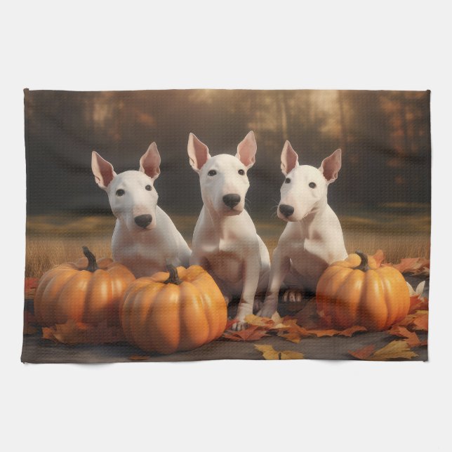 Bull Terrier Puppy Autumn Delight Pumpkin Tea Towel (Horizontal)