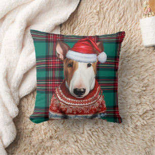 Bull Terrier Red and Green Plaid Christmas Holiday Cushion