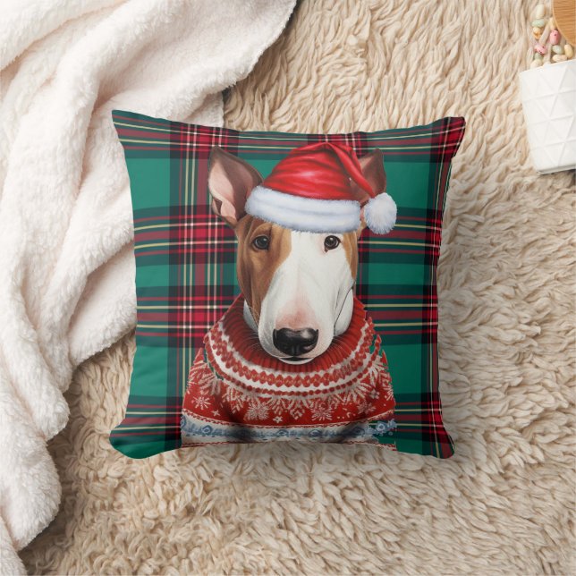 Bull Terrier Red and Green Plaid Christmas Holiday Cushion (Blanket)