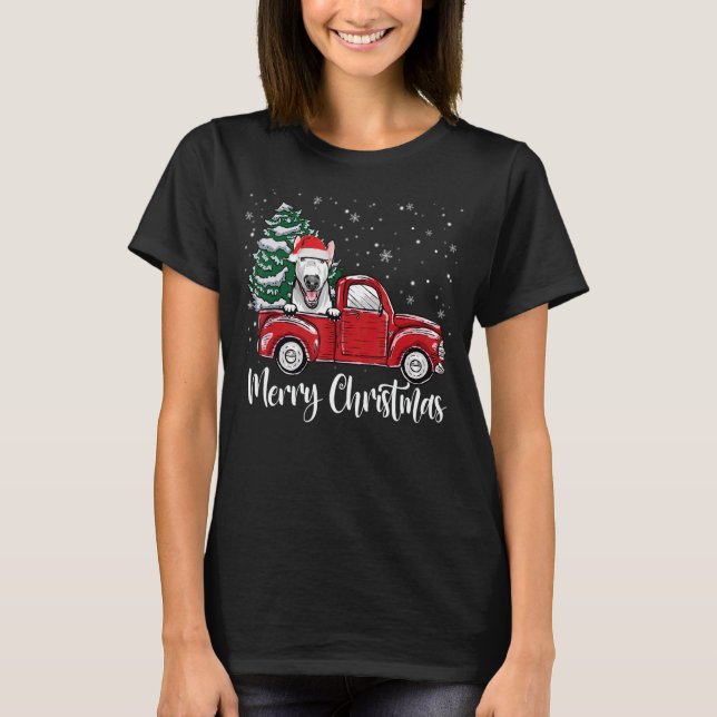 Bull Terrier Red Truck Christmas Tree Xmas  Dog T-Shirt (Front)
