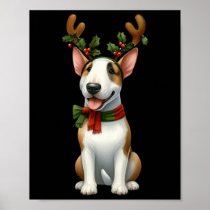 Bull Terrier Reindeer Santa Hat Xmas Lights Christ Poster