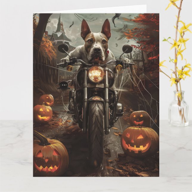 Bull Terrier Riding Motorcycle Halloween Scary Card (Yellow Flower)