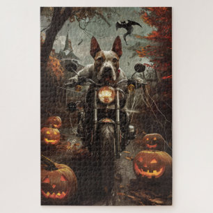 Bull Terrier Riding Motorcycle Halloween Scary Jigsaw Puzzle