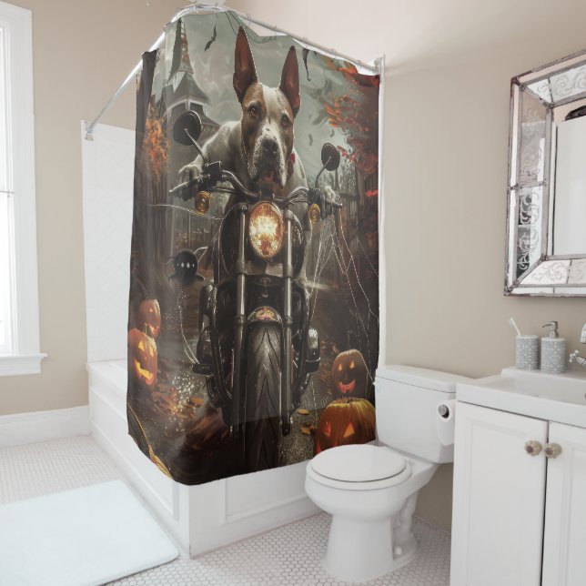 Bull Terrier Riding Motorcycle Halloween Scary Shower Curtain (In Situ)