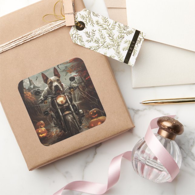 Bull Terrier Riding Motorcycle Halloween Scary Square Sticker (Gifting)