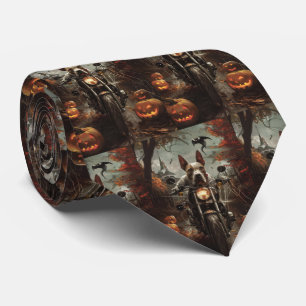 Bull Terrier Riding Motorcycle Halloween Scary Tie