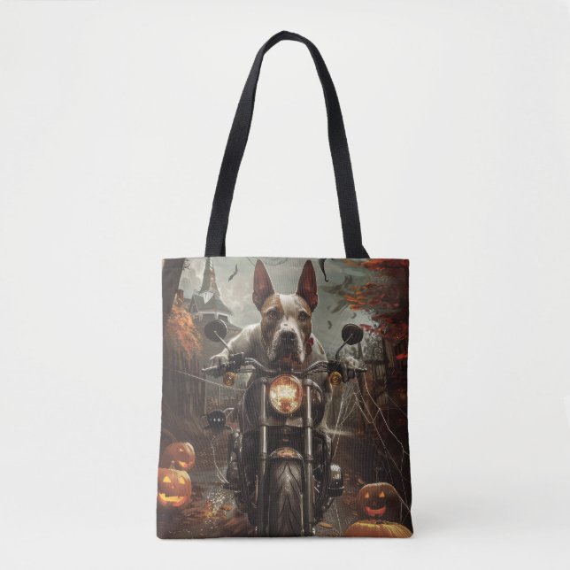 Bull Terrier Riding Motorcycle Halloween Scary Tote Bag (Front)