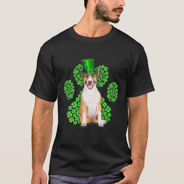 Bull Terrier Shamrock Paw Clovers St Patrick's Day T-Shirt (Front)