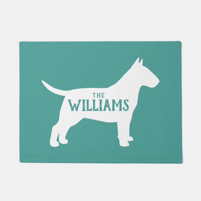 Bull Terrier Silhouette Teal and White Custom Doormat (Front)