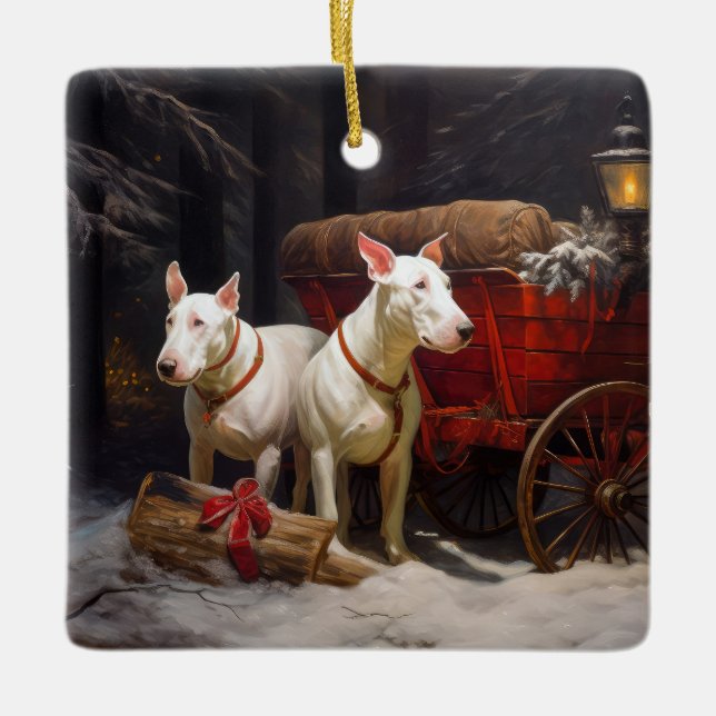 Bull Terrier Snowy Sleigh Christmas Decor Ceramic Ornament (Front)