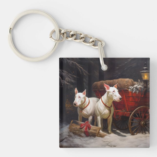 Bull Terrier Snowy Sleigh Christmas Decor  Key Ring (Front)
