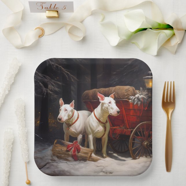 Bull Terrier Snowy Sleigh Christmas Decor Paper Plate (Wedding)