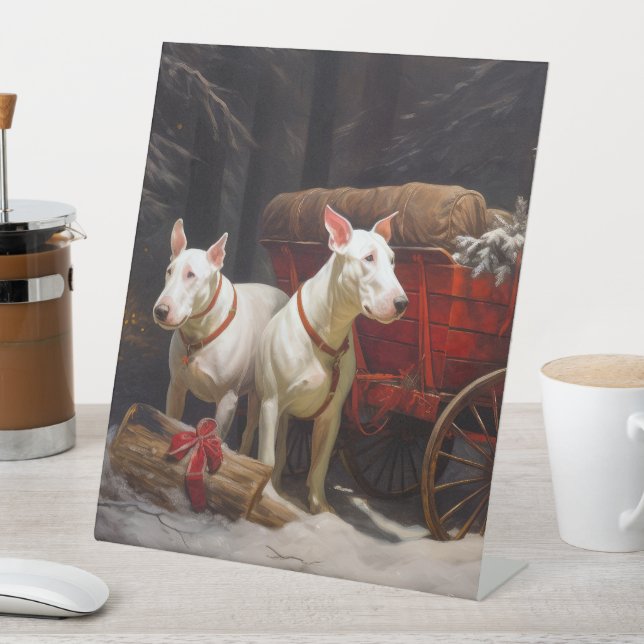 Bull Terrier Snowy Sleigh Christmas Decor Pedestal Sign (In SItu)