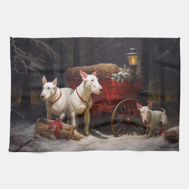 Bull Terrier Snowy Sleigh Christmas Decor  Tea Towel (Horizontal)
