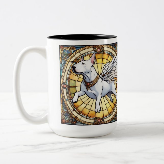 Bull Terrier Stained Glass Angel + Smoking Jacket Two-Tone Coffee Mug (Left)