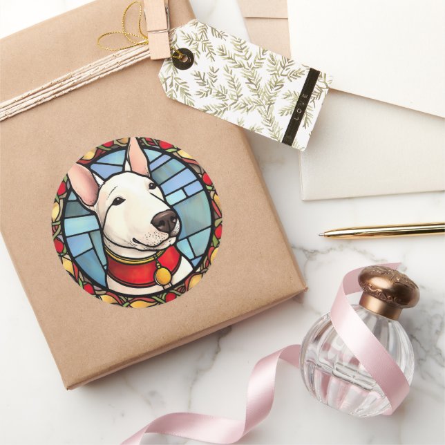 Bull Terrier Stained Glass Christmas Classic Round Sticker (Gifting)