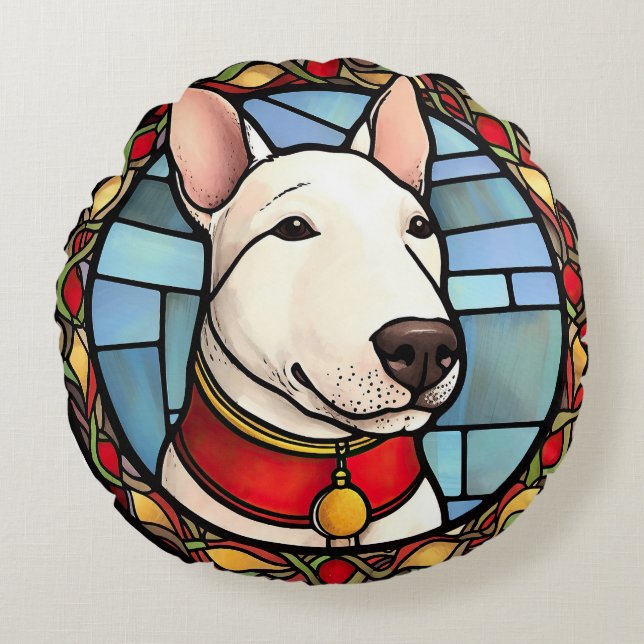 Bull Terrier Stained Glass Christmas Round Cushion (Front)
