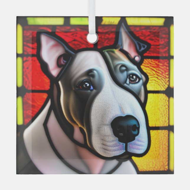 Bull Terrier "Stained Glass"  Glass Tree Decoration (Front)