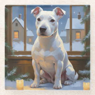 Bull Terrier with Christmas Lights Holiday Glass Coaster