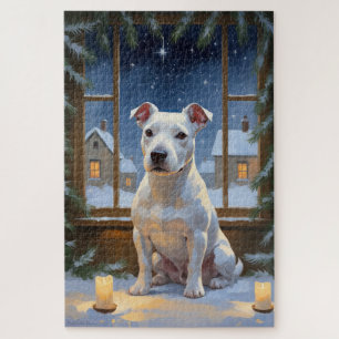 Bull Terrier with Christmas Lights Holiday Jigsaw Puzzle