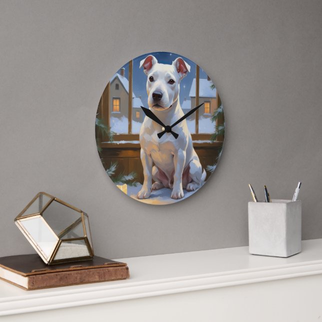Bull Terrier with Christmas Lights Holiday Large Clock (Office)