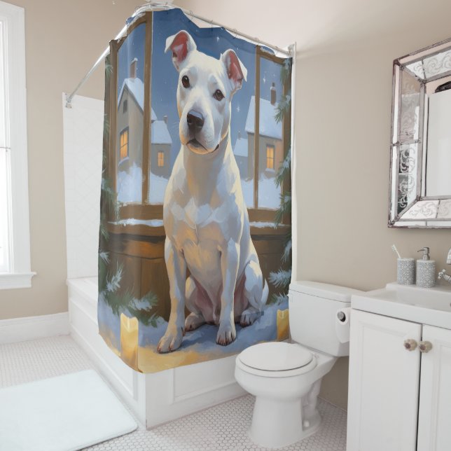 Bull Terrier with Christmas Lights Holiday Shower Curtain (In Situ)