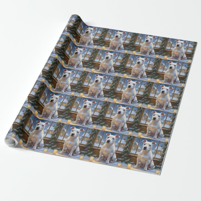 Bull Terrier with Christmas Lights Holiday Wrapping Paper (Unrolled)
