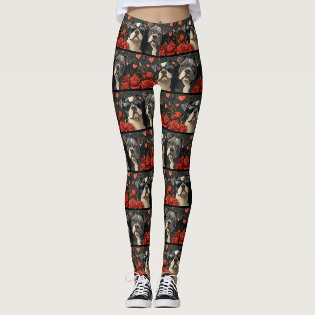 Bull Terrier With Heart Roses Valentine's Day Leggings (Front)