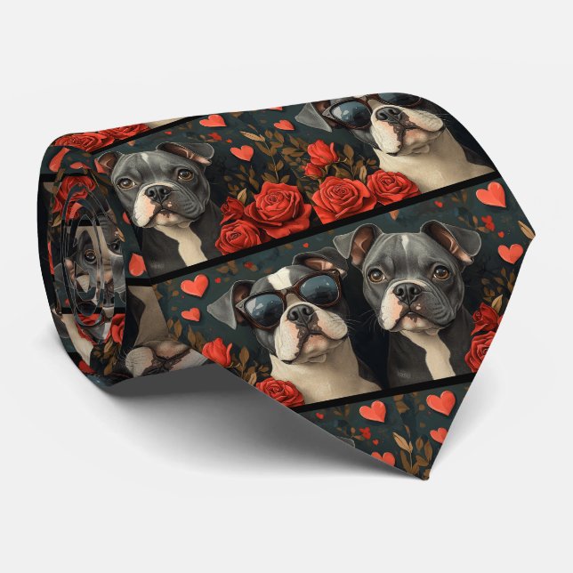 Bull Terrier With Heart Roses Valentine's Day Tie (Rolled)