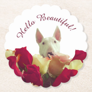 Bull terrier with roses greeting - Hello Beautiful Paper Coaster