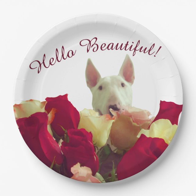 Bull terrier with roses greeting - Hello Beautiful Paper Plate (Front)