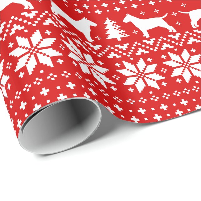 Bull Terriers Christmas Dogs Holiday Pattern Red Wrapping Paper (Roll Corner)
