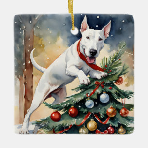 Bull Terrier's Festive Frolic Christmas Ceramic Ornament