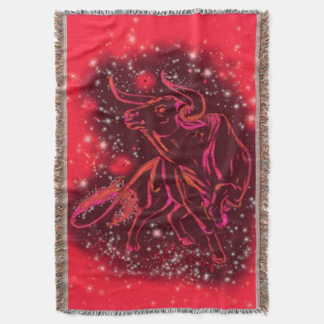 Bull Throw Blanket Running In Red Starry Night (Front Vertical)