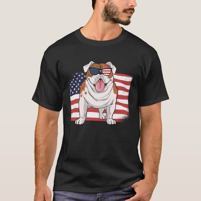 Bulldog American Flag 4th of July USA Independence T-Shirt (Front)