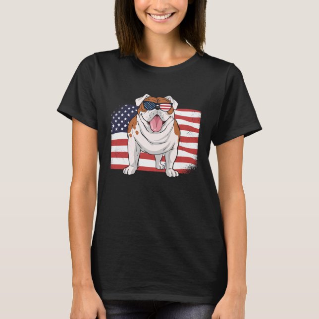 Bulldog American Flag 4th of July USA Independence T-Shirt (Front)