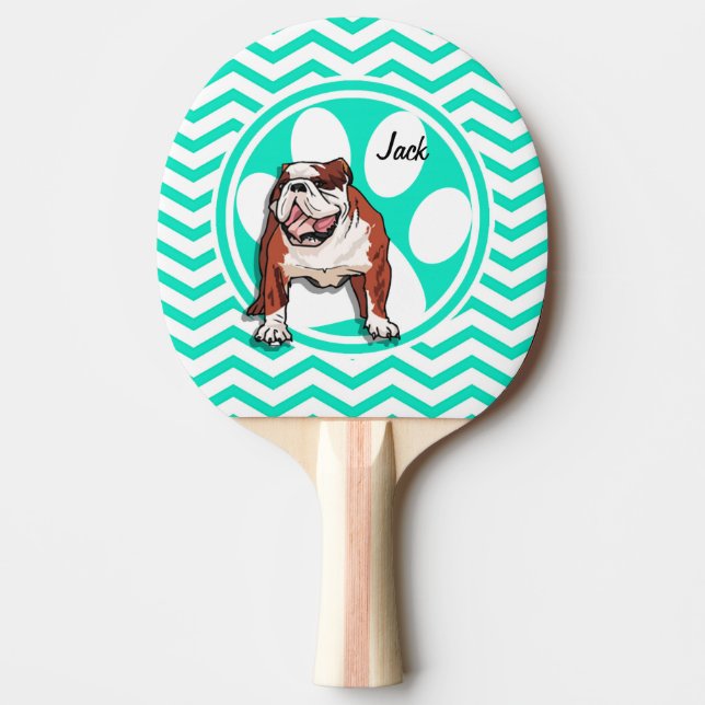 Bulldog; Aqua Green Chevron Ping Pong Paddle (Front)