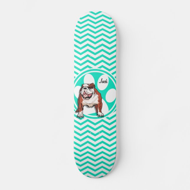 Bulldog; Aqua Green Chevron Skateboard (Front)