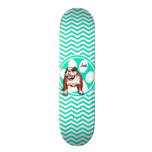 Bulldog; Aqua Green Chevron Skateboard