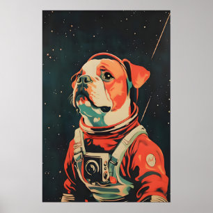 Bulldog Astronaut Poster, Bulldog Retro Print