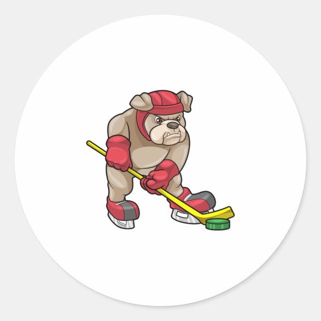 Bulldog at Ice hockey with Hockey stick Classic Round Sticker (Front)