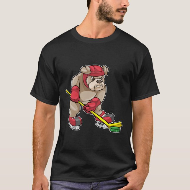 Bulldog at Ice hockey with Hockey stick T-Shirt (Front)