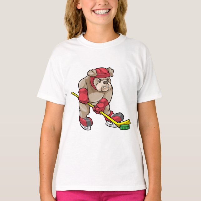 Bulldog at Ice hockey with Hockey stick T-Shirt (Front)