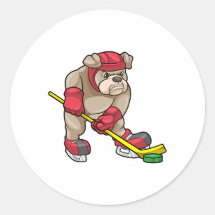 Bulldog at Ice hockey with Ice hockey stick Classic Round Sticker