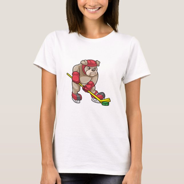 Bulldog at Ice hockey with Ice hockey stick T-Shirt (Front)