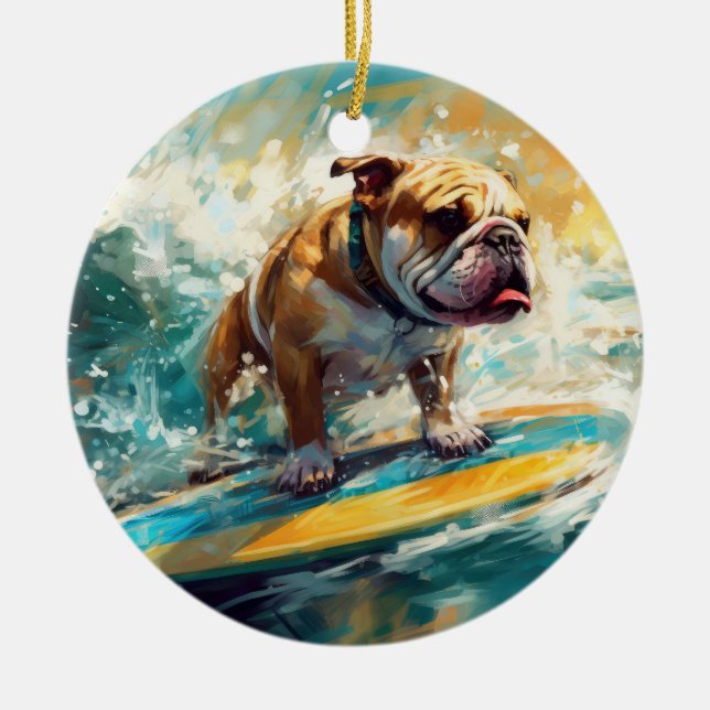 Bulldog Beach Surfing Painting Ceramic Tree Decoration (Front)