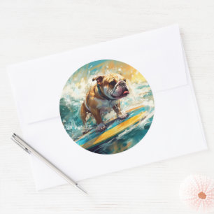 Bulldog Beach Surfing Painting Classic Round Sticker