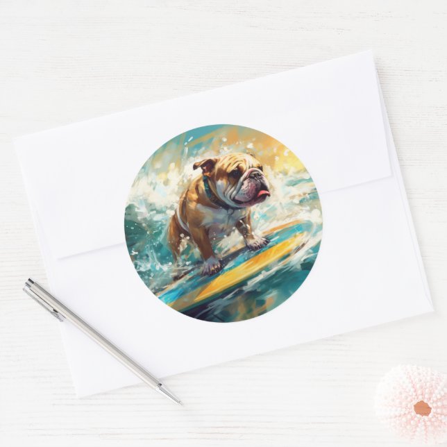 Bulldog Beach Surfing Painting Classic Round Sticker (Envelope)